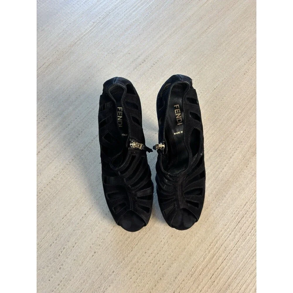 Fendi Black Suede Strappy Peep Toe Zip Stiletto Heels Women's Size 6
